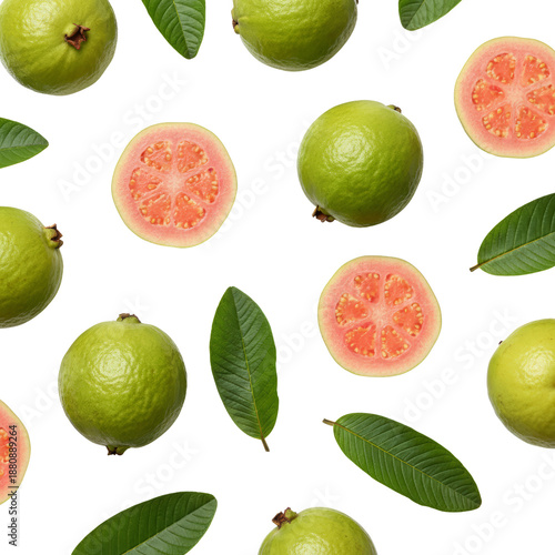 Fresh Pink Guava Fruits and Leaves Seamless Pattern, Tropical Fruit Background