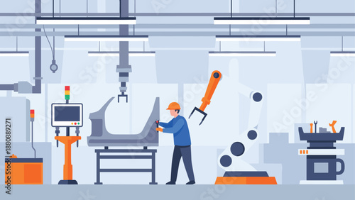 Modern manufacturing process with robotic arm and worker in flat style