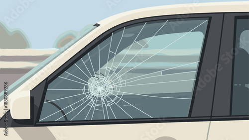 Car window with cracked glass in minimalist style on a city road background
