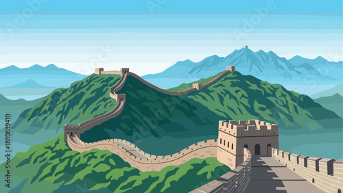 Scenic view of the great wall of china amidst rolling hills and blue mountains