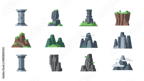 Collection of modern flat style nature and architecture elements with cliffs and pillars