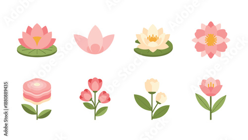 Colorful collection of flat lotus and floral icons on white background