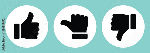 Like, dislike and neutral thumb symbols in white and black circle. Feedback and rating thumbs up and thumbs down icons set. Thumbs up, down and sideways icon set isolated on white background.