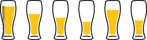 Six Glasses Of Beer With Varying Levels Of Liquid On White Background Keywords: beer, glasses, drinks, alcohol, beverage, pub