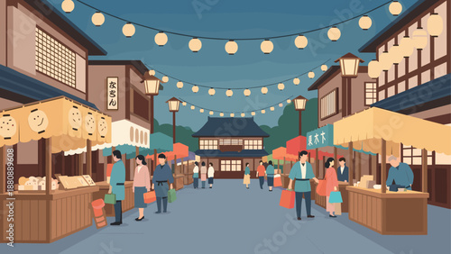 Charming japanese night market scene with lanterns and stalls in flat design
