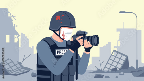 Press photographer wearing helmet and jacket in war-torn city