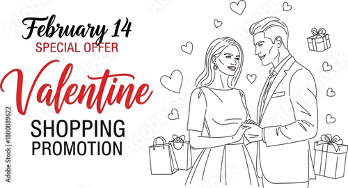 Couple celebrating february fourteenth with a special shopping promotion advertisement featuring hearts gifts and romantic feelings