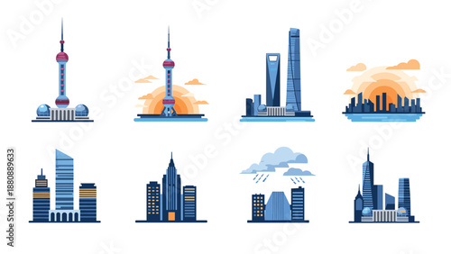 Iconic shanghai landmarks in vibrant flat design with minimal detail illustration