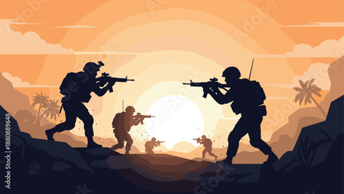 Silhouette soldiers in a desert sunset battlefield scene with dramatic sky