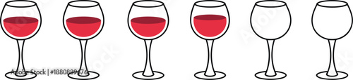 Six wine glasses with varying amounts of red liquid vector illustration