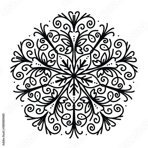 Detailed circular floral mandala in black and white line art. Symmetrical folk ornament isolated on white for coloring books, ethnic decor, and creative design projects. Intricate Linear Floral Mandal