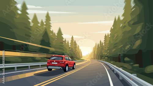 Scenic autumn drive with red car on forest road at sunset