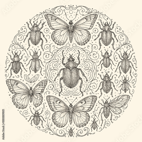 An intricate composition of various insects including butterflies and beetles in a detailed vintage style.