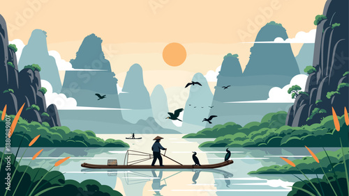 Serene morning on river with fisherman and karst mountains in flat design