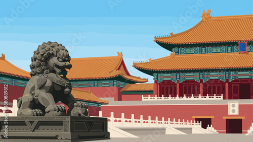 Historic chinese architecture with guardian lion sculpture under clear blue sky