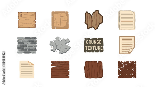 Grunge and rustic texture icons: wood, paper, brick variants