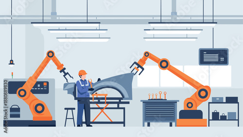 Auto manufacturing with robotic arms in modern factory setting