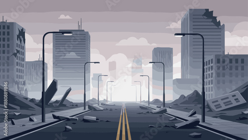 Post-apocalyptic cityscape with ruined buildings and empty streets at dawn