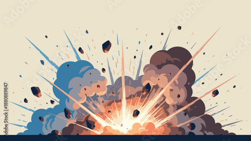 Dynamic explosion with colorful clouds and flying debris in flat style