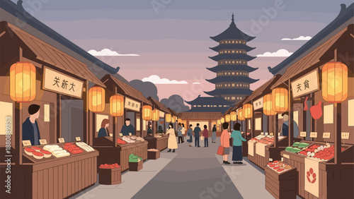 Traditional asian market with pagoda at sunset in flat style