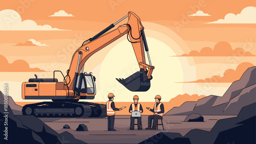 Construction site with engineers and excavator at sunset in flat design
