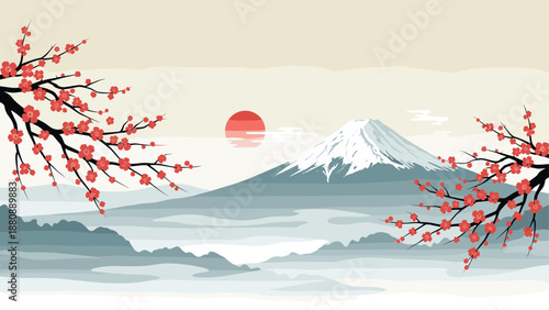 Serene landscape with cherry blossoms and mountain at sunrise