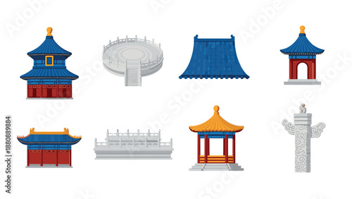 Chinese traditional architecture set with pagodas and temples in flat style