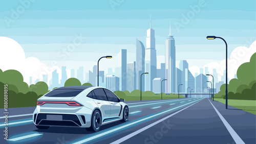 Futuristic electric car on urban highway with city skyline in background