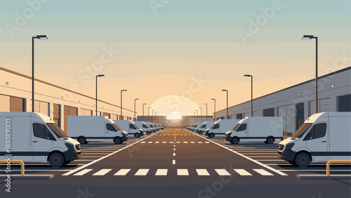 Fleet of delivery vans in distribution center during sunrise