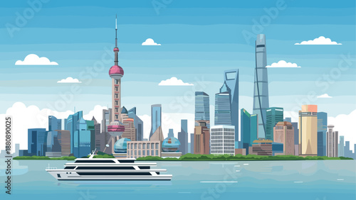 Modern skyline and yacht on a sunny day