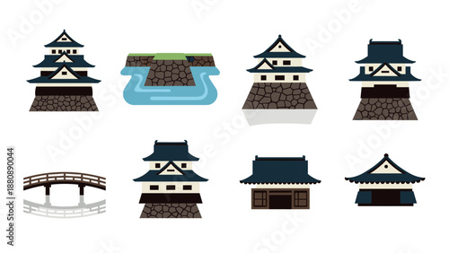 Traditional japanese architecture set featuring castles and temples in flat design