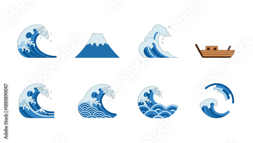 Japanese wave elements and traditional boat icons in flat style