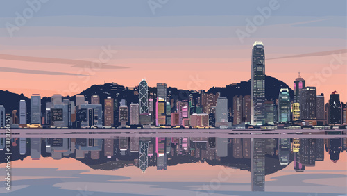 Futuristic urban skyline with reflective water at dusk