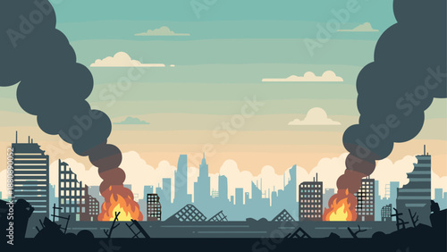 Linear urban destruction scene with burning buildings and smoke in cityscape