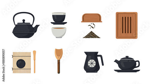 Traditional tea set with teapots, cups, and accessories on white background