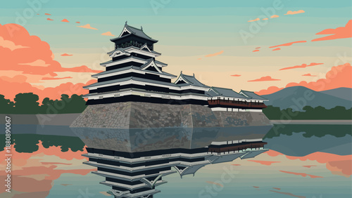 Scenic view of historic japanese castle with reflection in tranquil water at sunset