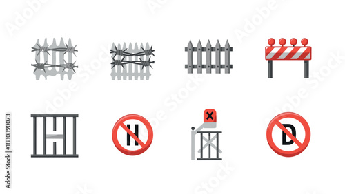 Set of prohibited zone icons with barriers, fences, and warning signs in 3d style