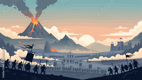 Epic medieval battle scene with volcano eruption in flat style
