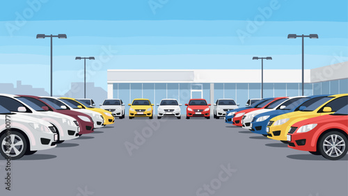Modern car dealership with multiple cars in flat design