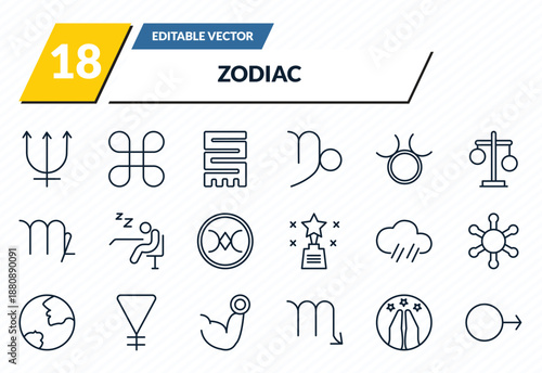 zodiac icons set - neptune, reconciliation, toughness, hope, mars outline vector collection.