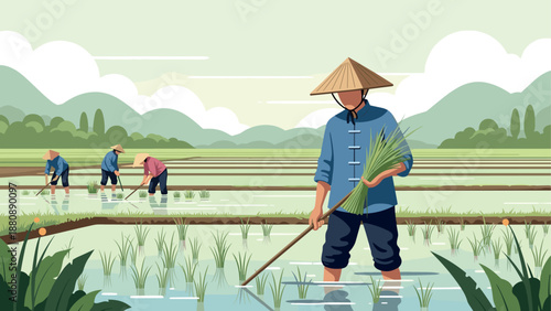 Flat design: farmers in rice fields with traditional hats