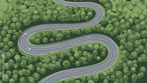 Curvy road through lush green forest with cars in scenic view
