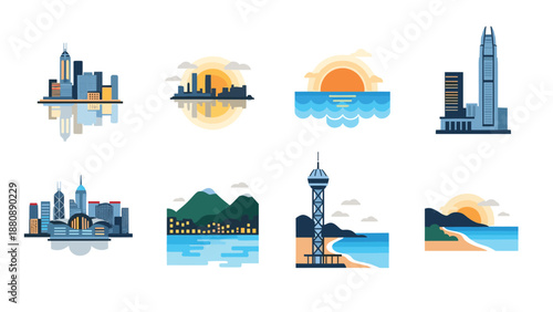 Iconic urban and nature landscapes: skyline reflections and coastal vistas