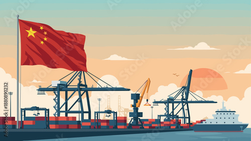 China port at sunset with cargo ships and cranes in flat style