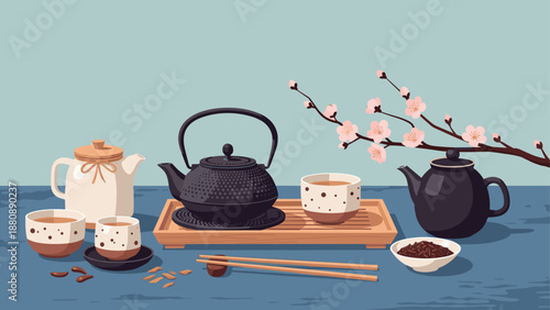 Traditional tea ceremony setup with teapots, cups, and blossoms in flat design