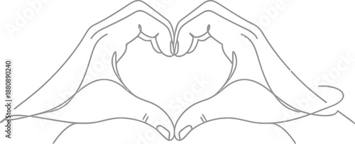 Continuous line art drawing illustrating two hands coming together elegantly to form a classic heart shape symbolizing affection and love on a clean white background.