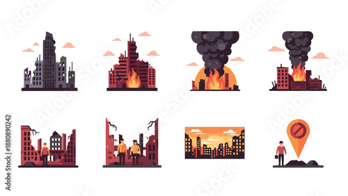 Flat urban apocalyptic scenes with burning buildings and ruins