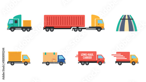 Colorful flat style trucks and transportation icons set for logistics and delivery