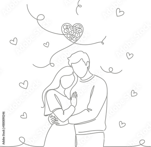 Minimalist continuous line drawing depicts a tender embrace between a loving couple surrounded by floating hearts and decorative swirls symbolizing deep affection and romance.