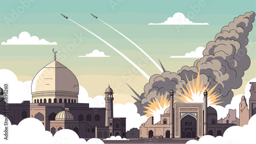 Historical mosque under attack with modern jets and smoke in a dramatic skyline scene